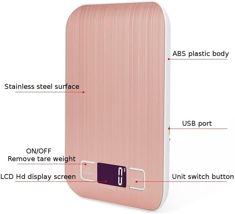 Kitchen Scale 5Kg/10Kg Electronic USB Rechargeable Kitchen Scale, Food Scale, Stainless Steel, LCD Measuring Tool for Household Use Kitchen Supplies,Rose Gold-10000g with USB