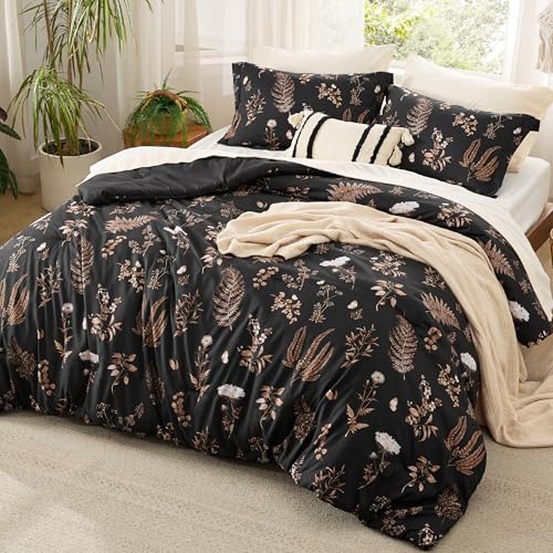 Image of Bedsure Comforter Set Queen Size - Floral Bedding Comforter Set, 3 Pieces, 1 Soft Black Comforter and 2 Pillow Shams