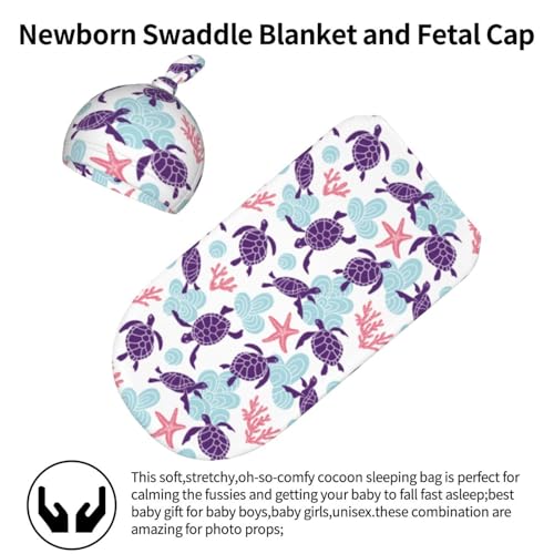 Image of Sea Turtle Ocean Coastal Newborn Swaddle Blankets Baby Stuff Soft Swaddling Blanket with Beanie Sets Gifts For Infant Boys Girls