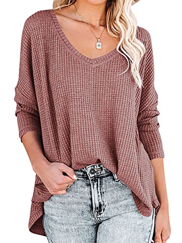 Anrabess Women's Casual V Neck Waffle Knit Shirt Batwing Sleeve Lightweight Loose Fit Pullover Tunic Shirt 39Ge9-Xiuhong-L #TOP10