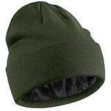 Fleece Lined Wool Beanie for Men Women, Knit Winter Hats Warm Cuffed Stocking Skull Cap Fashion Slouchy Beanies, Green