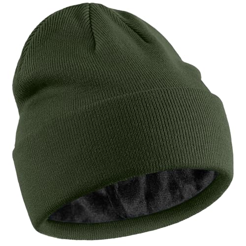 Fleece Lined Wool Beanie for Men Women, Knit Winter Hats Warm Cuffed Stocking Skull Cap Fashion Slouchy Beanies, Green