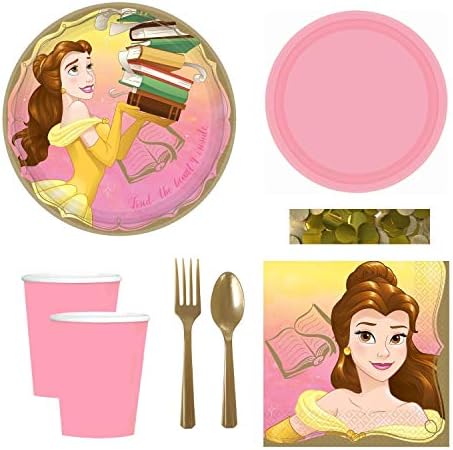 Beauty and the Beast Party Supplies and Decorations Pack for 16: Belle Birthday Party Supplies for Girls Includes Princess Belle Party Plates, Napkins, Dessert Plates, Cups, Utensils, and Confetti