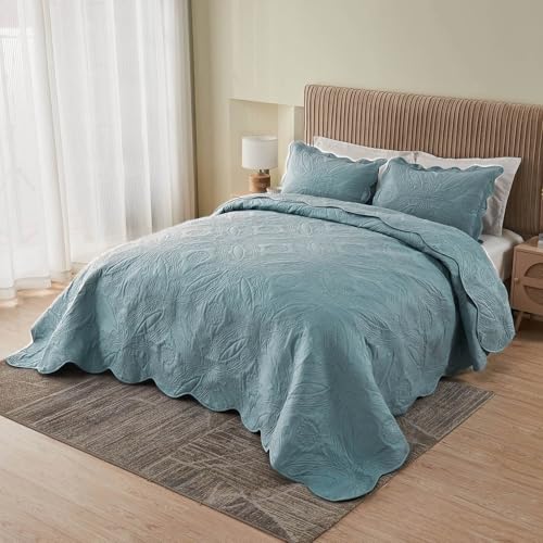 Image of Oversized Cal King Bedspreads 120x120 for Extra Tall Split California King Bed Lightweight Quilted Coverlet Set 3 Pieces 1 Quilt 2 Pillow Shams Blue