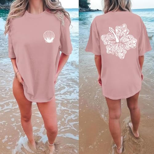 Image of Hawaiian T Shirts for Women Oversized Aesthetic Hibiscus Flower Beach Shirt Teens Preppy Tropical Graphic Tee Tops