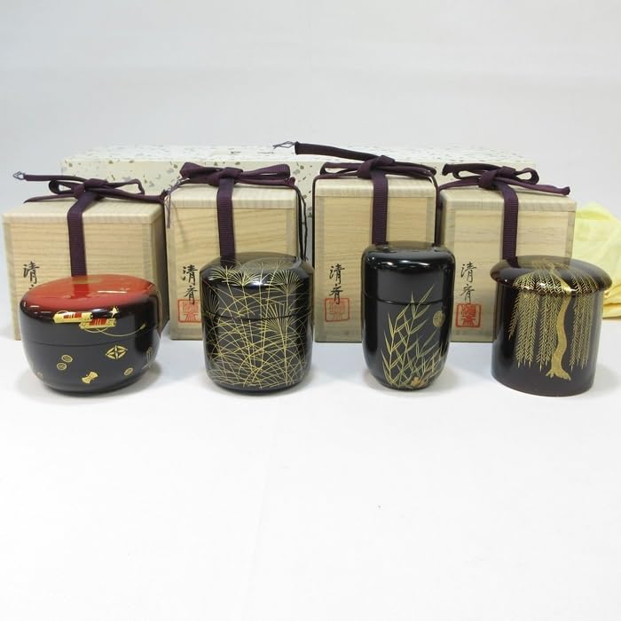 元岡清斉　長棗　蛍　茶道具 茶道具 長棗 蛍絵、青漆 叩塗、 加賀蒔絵師 岡本 康光