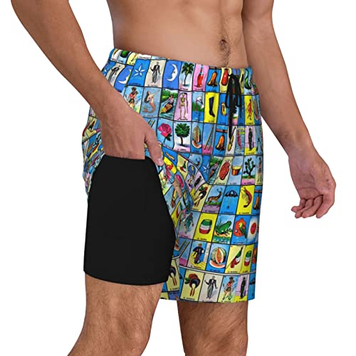 Colorful Mexican Loteria Cards Men's Swim Shorts Beach Trunks with Compression Lined and Pockets2