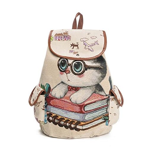 Bolsos Mochilas Tipo Casual de Gatito de Lona para Mujeres y Chicas Bolso Hombro de Estudiantes para Diario Ocio Viaje y Escuela Messenger Bag Backpack de Moda (Beige)