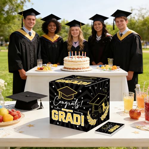 Image of Graduation Card Box Graduation Decorations 2026 Grad Card Box for Gift Graduation Party Favors Decor Party Supplies (Black, 50 Cards)