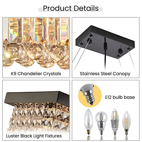 7Pm Rectangle K9 Crystal Chandelier Modern Rectangular Pendant Lighting Fixture For Dining Room Kitchen Island Bedroom Black L40 X W10 X H10 #TOP4