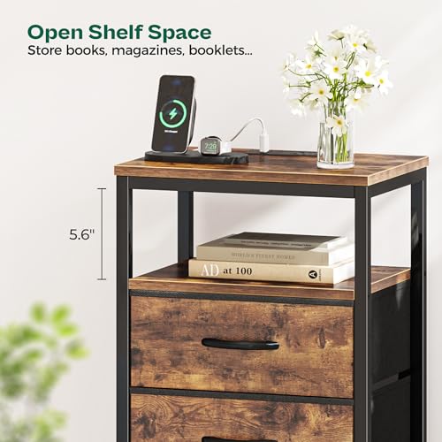 Image of Huuger Night Stand with Charging Station, 4 Drawer Dresser for Bedroom, Bedside Table, 33.9 Inch Tall Nightstand with Open Shelf, End Table, for Closet, Entryway, Bedroom, Rustic Brown
