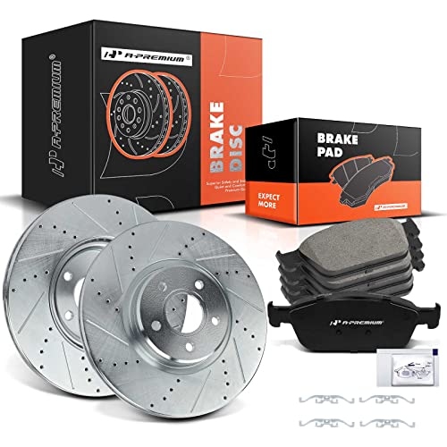 A-Premium 12.60 inch (320mm) Front Drilled and Slotted Disc Brake Rotors + Ceramic Pads Kit Compatible with Ford Models - Escape 2013-2017(1.6L AWD, 2.0L), Transit Connect 2014-2018, 6-PC Set