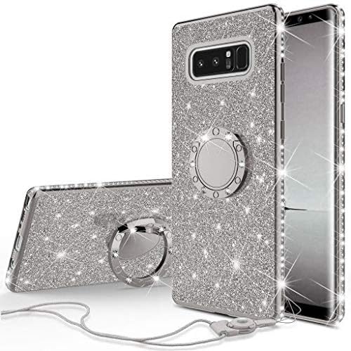 SOGA Diamond Bling Glitter Cute Phone Case with Kickstand Compatible for Samsung Galaxy Note 8 Case,Rhinestone Thin Bumper with Ring Stand Girls Women Cover for Samsung Galaxy Note 8 (Silver)