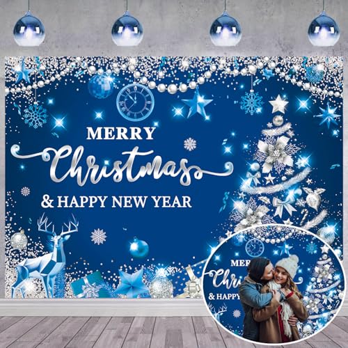 Image of Merry Christmas Backdrop 7x5FT Blue and White Glitter Christmas Happy New Year Family Party Decorations Xmas Indoor Outdoor Holiday Winter Photography Supplies