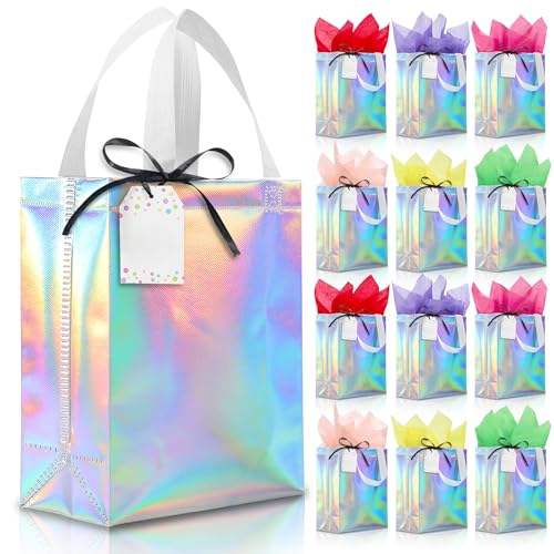 KeerxunBag 12Pcs Reusable Gift Bags（Includes Tissue Paper） Gift bag with handle Birthdays Parties Holidays Weddings Medium 13x5x11in Green Gift Bags