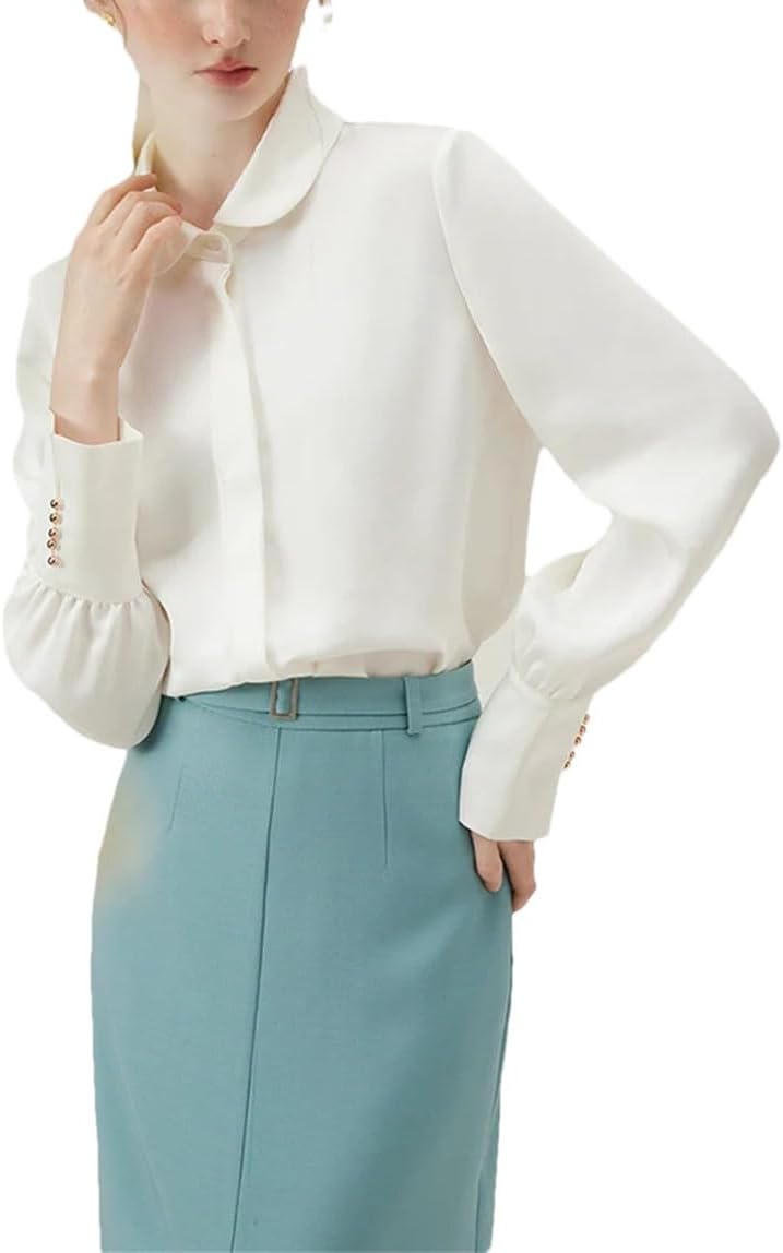 Women's Spring Versatile Temperament Shirts Long-Sleeved Lapel Button Chiffon Blouses Work Office Casual Tops