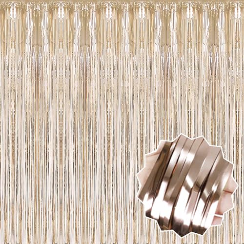 Image of 3 Pack Champagne Gold Foil Fringe Curtains Backdrop, 3.28 x 9.8 Ft Metallic Streamers Tinsel Curtains Background for Photo Booth, Birthday, Halloween, Christmas, New Year Party Decorations