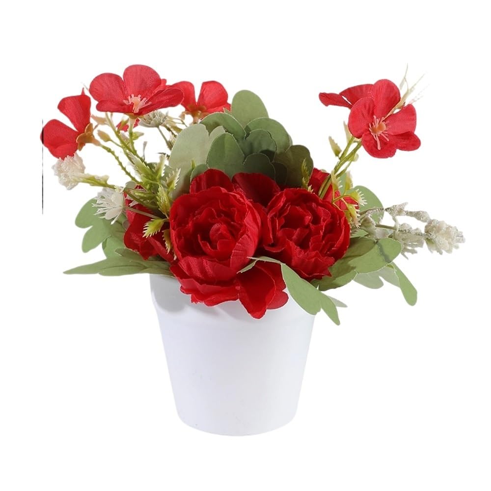 Huffa Red Simulated Peony Flower Arrangement - Realistic Plastic Potted Decor For Home And Dining Table, Indoor & Outdoor Use(Red)