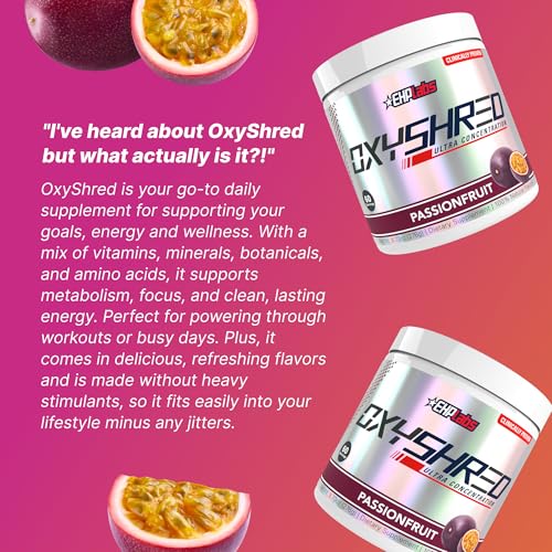 Image of EHP Labs OxyShred Pre Workout Powder & Shredding Supplement - Preworkout Powder with L Glutamine & Acetyl L Carnitine, Energy Boost Drink - Passionfruit, 60 Servings