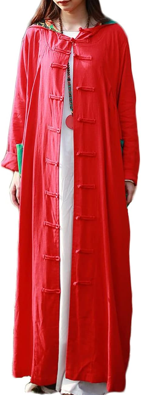 LZJN Women's Trench Coat Floral Print Cotton Linen Long Jacket with Hood