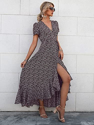 PRETTYGARDEN Women's Summer Maxi Dress Casual Wrap Floral Boho Short Sleeve V Neck Split Ruffle Beach Long Dresses