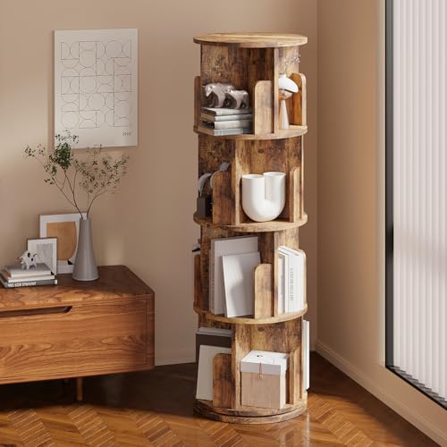 MXV Rotating Bookshelf, 360 Display 4 Tier, Small Corner Bookshelf for Small Space, Floor Standing Bookcase Storage Rack, Wood Narrow Book Shelf Organizer for Bedroom, Living Room, Brown - Thumbnail 6