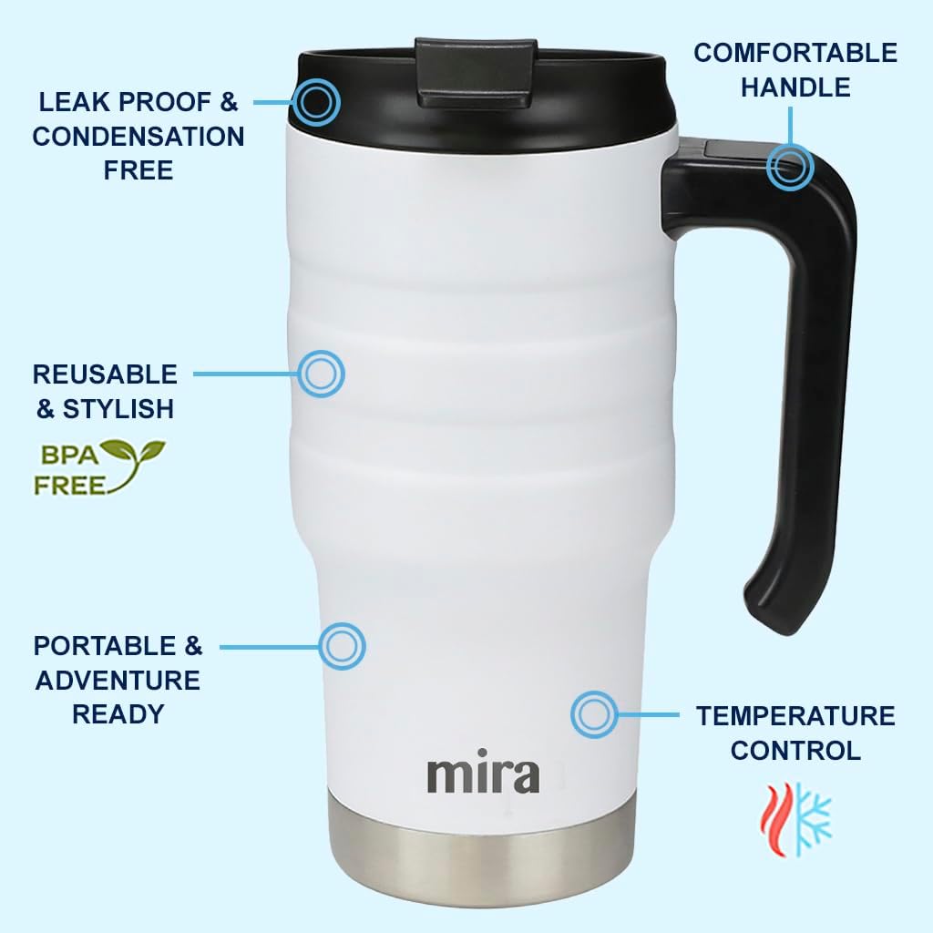 MIRA 20 oz Insulated Travel Mug - Stainless Steel Coffee Cup with Spill-Proof Flip Lid & Handle - Hot/Cold Car Tumbler - White - Image 2