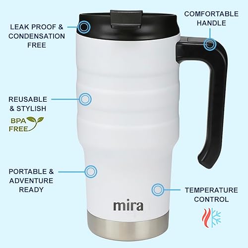 Miniatura 2 de MIRA 20 oz Insulated Travel Mug - Stainless Steel Coffee Cup with Spill-Proof Flip Lid & Handle - Hot/Cold Car Tumbler - White Blanco