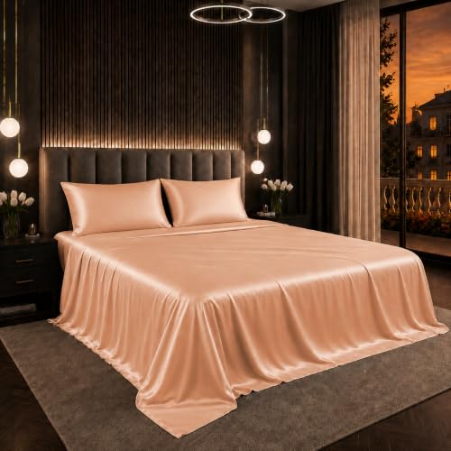 Image of Cloth Fusion Flat Satin Bedsheet Super King Size 108x108 inch | Peach, 2 Pillow Covers, 300 TC, Glossy Finish, Smooth on Hair and Skin, Gift for Couples, Wedding & Anniversary