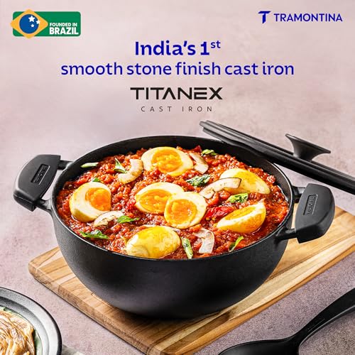 Image of TRAMONTINA TITANEX 26cm / 4.6L Pre-Seasoned Heritage Cast Iron Deep Kadai with Toughened Glass Lid | Snap-On Silicone Grips | Kadhai for Curry | Gas & Induction Cookware | Life-Time Warranty