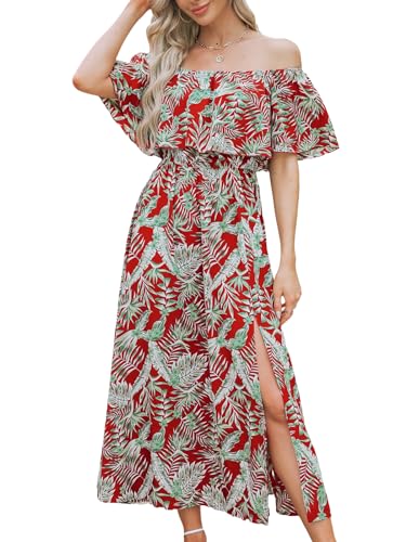 Image of CUPSHE Women Ruffle Floral Maxi Summer Dress Off Shoulder Short Sleeve Backless Flounce Bodice Slit Hem Beach Dresses