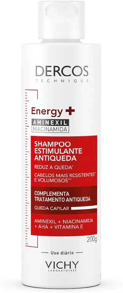 Vichy Dercos Energy+, Shampoo Estimulante, Tratamento Antiqueda para Cabelos Fracos e Quebradiços, Fortalece os Fios com Aminexil, AHA, Niacinamida e Vitamina E, 200g