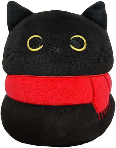Gato negro con bufanda, juguete de peluche creativo con forma de gato, almohada suave, regalos lindas muñecas para novia, niños, niñas, 8.7 in8.6