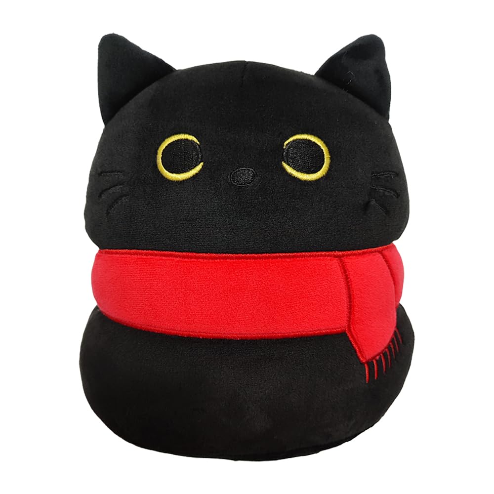 UEncounter Black Cat with Scarf Stuffed Animal Plush Toy Creative Cat Shape Soft Pillow Toys Gifts Cute Dolls for Girlfriend Kids Baby Girls, 22cm/8.6in