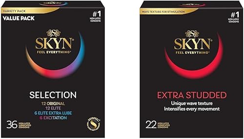 SKYN Selection - Paquete variado de preservativos sin látex con condones extra tachonados ultra finos de tacto natural, 58 unidades