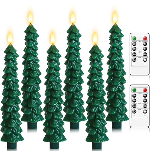 Image of Lezonic 6Pcs Flameless Christmas Tree Candles with Remote Timer, LED Taper Candles Battery Operated Flickering Flame, 10 Inches Green Real Wax Window Candlesticks for New Year Xmas Decorations