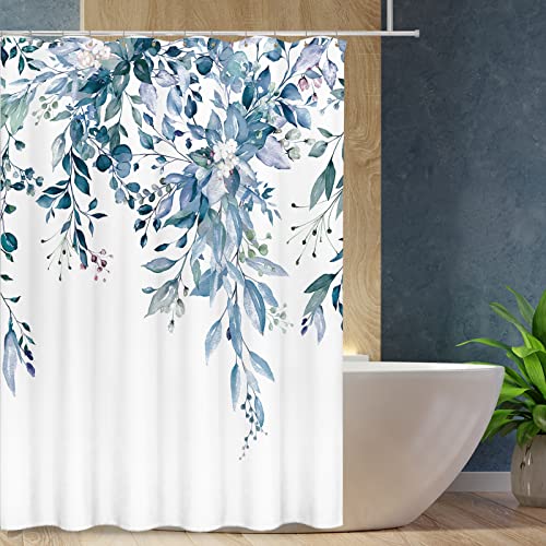 Tititex Blue Eucalyptus Leaves Shower Curtain Sets, Watercolor Leaves on The Top Plant with Floral Bathroom Decoration 60x72 Inch with Hooks