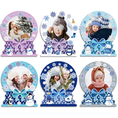 Winter DIY Craft Kits for Kids 24 Packs DIY Snow Crystal Ball Photo Frames Set with Stickers Paper Picture Frames Funny Winter Gifts Craft for Winter Christmas Party Favors Home School Game Activities
