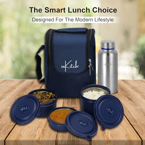 Image of Microwave Safe Lunch Box Set with Bag | 3 Stainless Steel Inner Containers & 1 Steel Bottle | Leakproof Tiffin Box for Office, College, School | Durable, Easy to Carry, Blue
