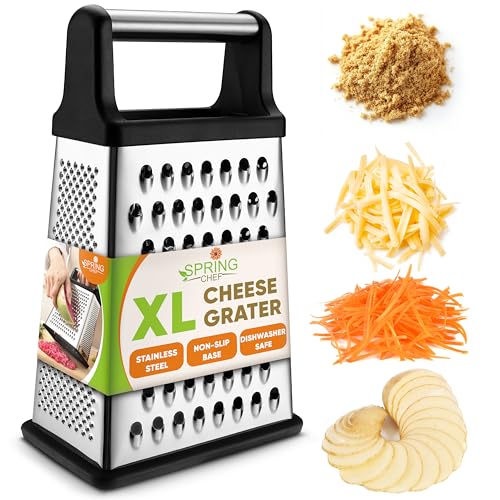 Comparison: Best Grater For Vegetables 7 Spring Chef Professional Cheese Grater - Stainless Steel, XL Size, 4 Sides - Perfect Box Grater for Parmesan Cheese, Vegetables, Ginger - Dishwasher Safe - Black