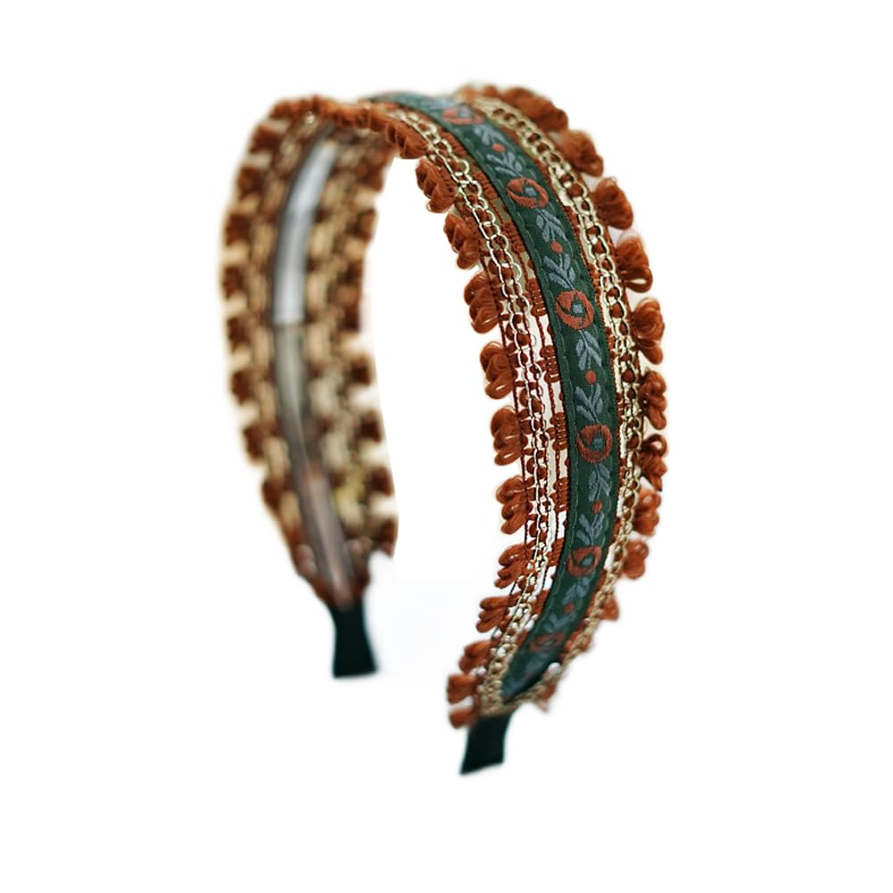 Fascia per capelli bohémien da donna, con ricamo floreale e bordo in pizzo, vintage, carina, per tutti i giorni, stile boho chic (5, marrone, taglia unica)