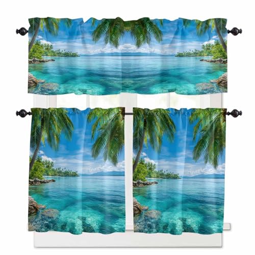 Ocean Kitchen Curtains 36 Inch Length, 3 Piece Rod Pocket Small Half Tiers and Valance Set, Blue Sky Palm Tree Beach Scenery Forest Shore Small Large Window Treatment Decor for Bedroom/Bathroom Sink