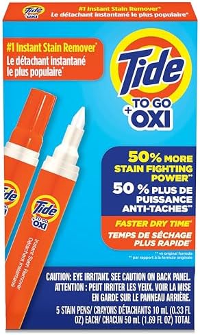 Tide To Go Stain Remover for Clothes, Tide Pen Stain Remover, Instant Stain Remover Pen & Spot Cleaner, Portable & Travel-Friendly, Works on Food & Drink Stains, 5 Count, Packaging may vary