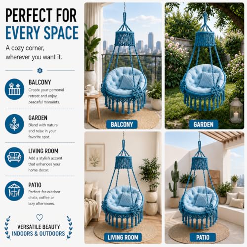 Image of Premium King Size Hammock Chair Swing with Cushion, 200kg Capacity | Indoor Outdoor Heavy Duty Adults & Kids Hanging Jhula for Home, Garden, Patio & Balcony | 1 Year Warranty (Sky Blue)