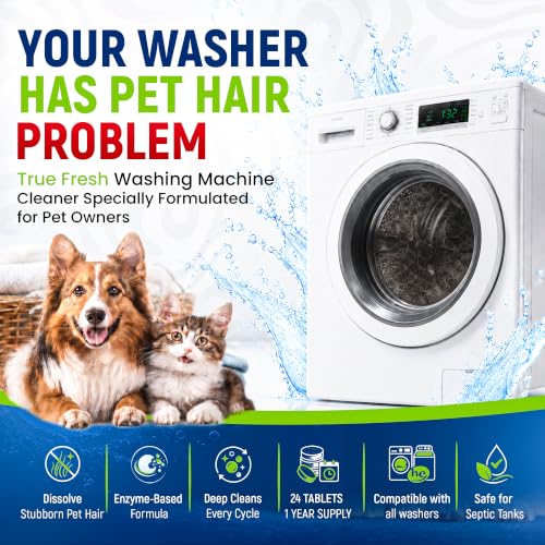 Image of True Fresh Deep Clean Washing Machine Cleaner Enzyme Pet Hair Dissolver | Formulated for Pet Owners - Neutralizes Dog & Cat Urine Odors - HE, Front & Top Load Washer Compatible, Unscented, 24 Tablets