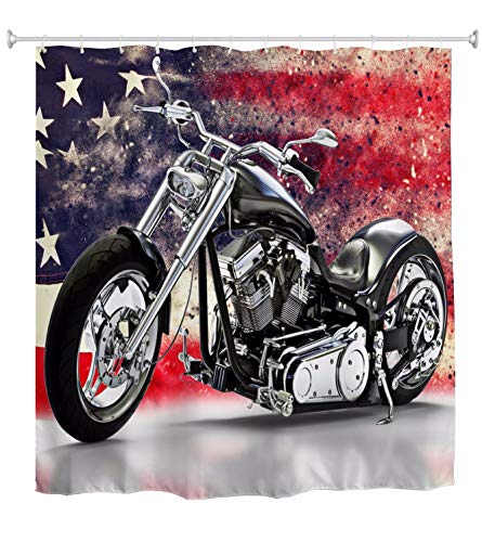 A.Monamour Duschvorhang 3D Schwarz Motorrad Mit Amerikanische Flagge Muster Abstrakte Kunst Hintergr& Wasserdichtes Gewebe Bad Vorhang Polyester Duschvorhang Mit Haken Ringe 180X180 cm / 72X72