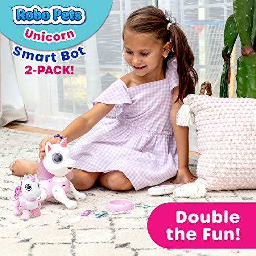 Power Your Fun Robo Pets Unicorn Toy 2pk Set - Unicorns Gifts for Girls and Kids (1) Unicorn Robot STEM Toy with Interactive Hand Gestures or Remote Control to Move and (1) Mini Automated Smart Robot