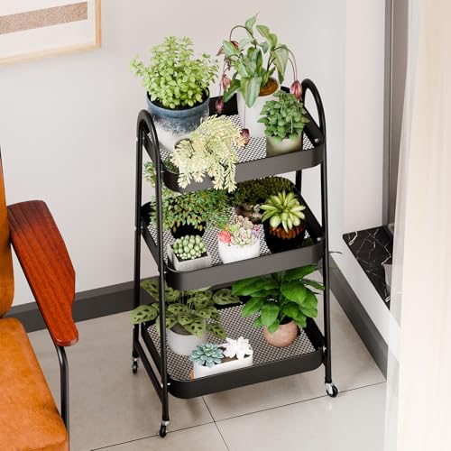 Rotating Storage Rack,Kitchen Storage Cart on Wheels 3 Tiers Stackable Carbon Steel Storage Baskets with Casters, Fruit Vegetable Produce Organizer Bins for Kitchen, Pantry, Bathroom Black