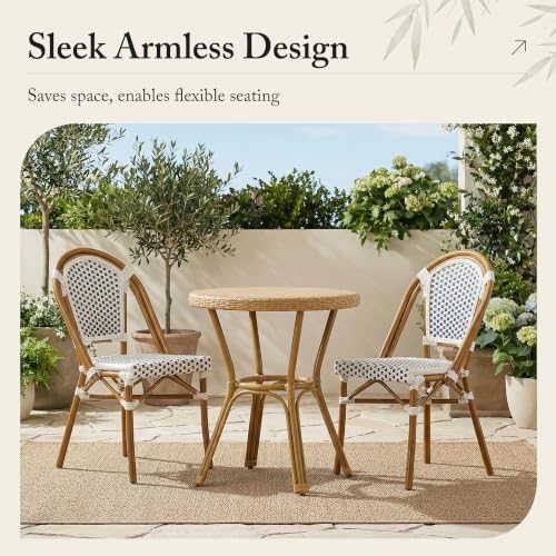 Image of PURPLE LEAF Outdoor Dining Chair Set of 4 Patio French Aluminium Frame in Bamboo Finish with Sky Blue & White Woven Rattan for Indoor Kitchen Deck Bistros Cafe Restaurant