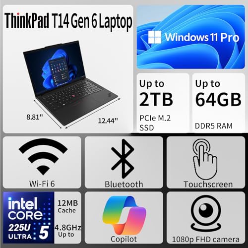 Image of Lenovo ThinkPad T14 Business AI Laptop, 14 inch FHD+ Touchscreen, Intel Core Ultra 5 225U, 16GB DDR5, 512GB SSD, Fingerprint, Backlit Keyboard, 5MP Webcam, Wi-Fi 6E, HDMI, Windows 11 Pro, w /Hub Bundle